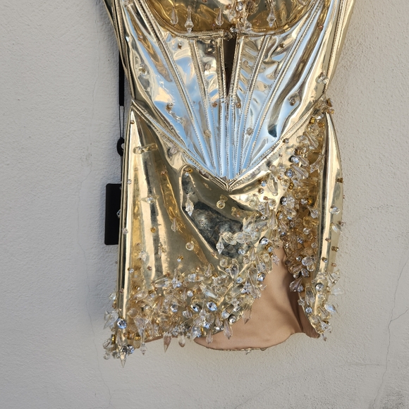 LENA BERISHA Metallic Gold Corset Couture Dress with Gemstone Detail - Picture 6 of 14